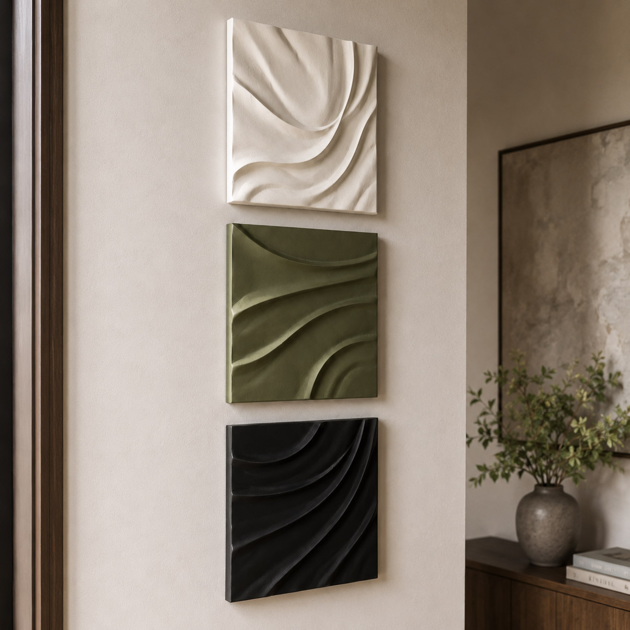 Trio em Curvas - Quadro em Alto Relevo Triplo Minimalista Moderno - Imagem 3