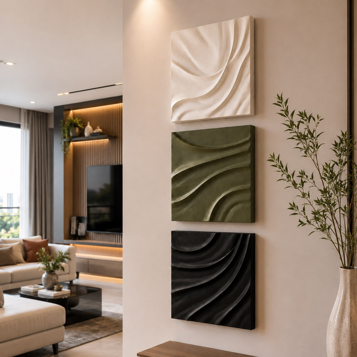 Trio em Curvas - Quadro em Alto Relevo Triplo Minimalista Moderno - Imagem 5