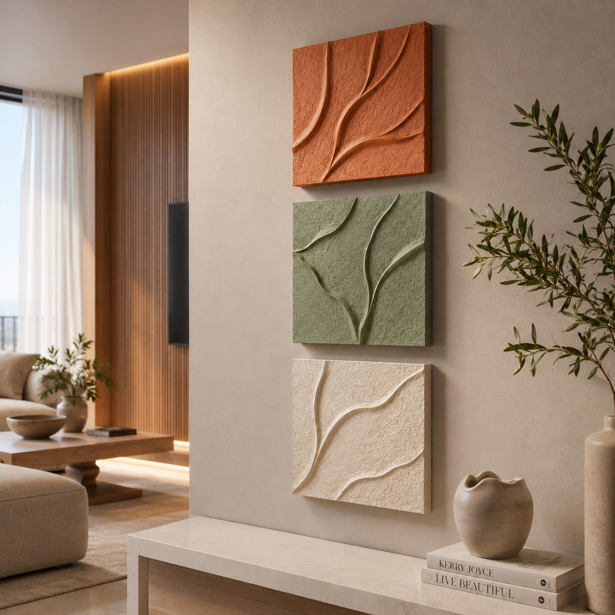 Linhas naturais - Quadro em Alto Relevo Triplo Minimalista Moderno